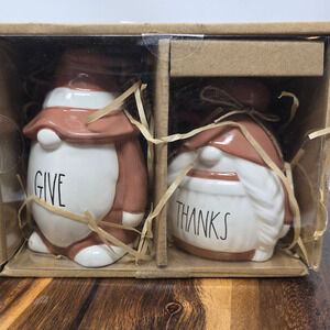 Rae Dunn "GIVE THANKS" Set Of 2 Gnomes Figurine Tabletop Decor NIB